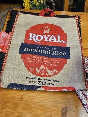 2 Authentic Basmati Rice Burlap Tote Bag - Red & Natural